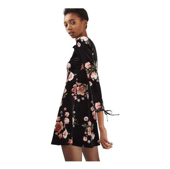 Topshop Velvet Flippy Dress Black Floral Dress Frill Neck Tie Wrist Long Sleeve - Picture 1 of 12